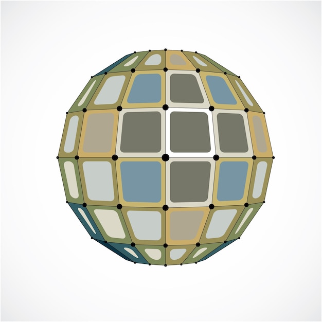 Figura facetada 3d abstracta con puntos y líneas negras conectadas. Elemento de diseño colorido vectorial de baja poli creado con cuadrados. Forma de orbe cibernético con rejilla y malla de líneas.