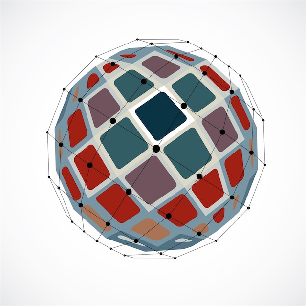 Figura facetada 3d abstracta con puntos y líneas negras conectadas. Elemento de diseño colorido vectorial de baja poli creado con cuadrados. Forma de orbe cibernético con rejilla y malla de líneas.
