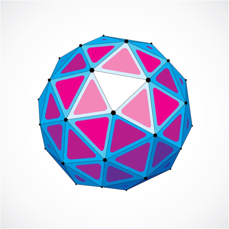 Vector figura facetada 3d abstracta con puntos y líneas negras conectadas. elemento de diseño de poli baja vectorial púrpura, forma de orbe cibernético con rejilla y malla de líneas.