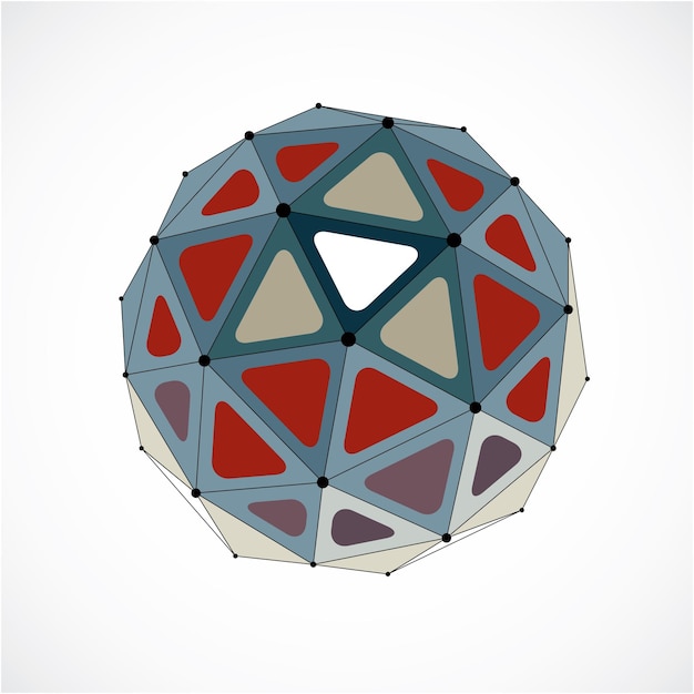 Figura facetada 3d abstracta con puntos y líneas negras conectadas. Elemento de diseño vectorial colorido de baja poli, forma de orbe cibernético con rejilla y malla de líneas.