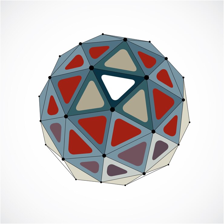 Vector figura facetada 3d abstracta con puntos y líneas negras conectadas. elemento de diseño vectorial colorido de baja poli, forma de orbe cibernético con rejilla y malla de líneas.