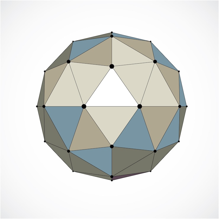 Vector figura facetada 3d abstracta con puntos y líneas negras conectadas. elemento de diseño vectorial colorido de baja poli, forma de orbe cibernético con rejilla y malla de líneas.