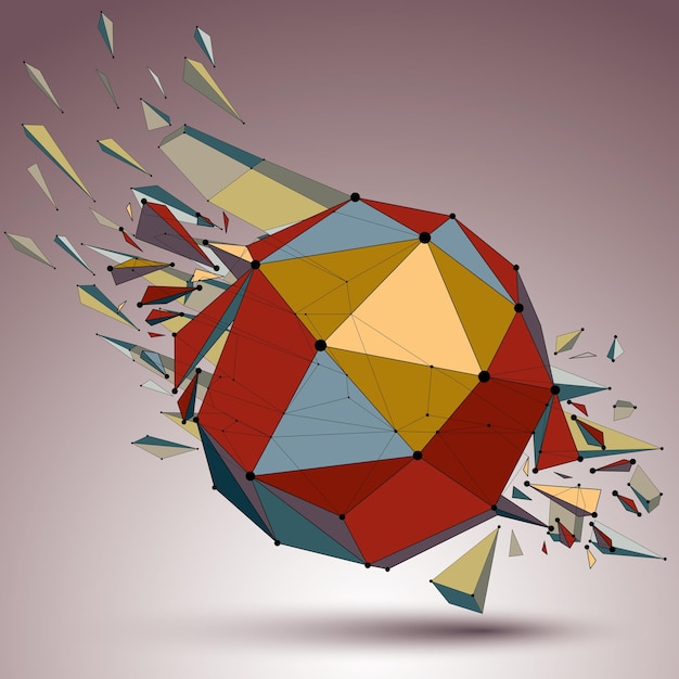 Figura facetada 3d colorida abstracta con líneas y puntos conectados. Elemento de diseño destrozado de baja poli vectorial con fragmentos y partículas. Efecto de explosión.