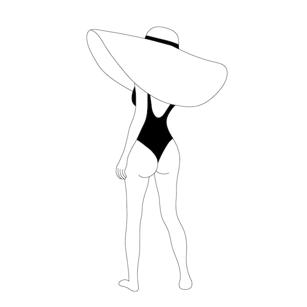 Figura femenina lineal en sombrero de verano Elegante dama sin rostro en traje de baño negro Silueta de mujer elegante Ilustración de vector dibujado a mano minimalista Logotipo de moda para tienda boutique salón de belleza
