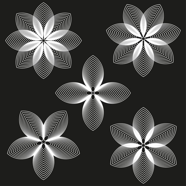 Figura floral blanca Flor de contorno de pétalo Forma de flor vectorial Patrón de fondo negro
