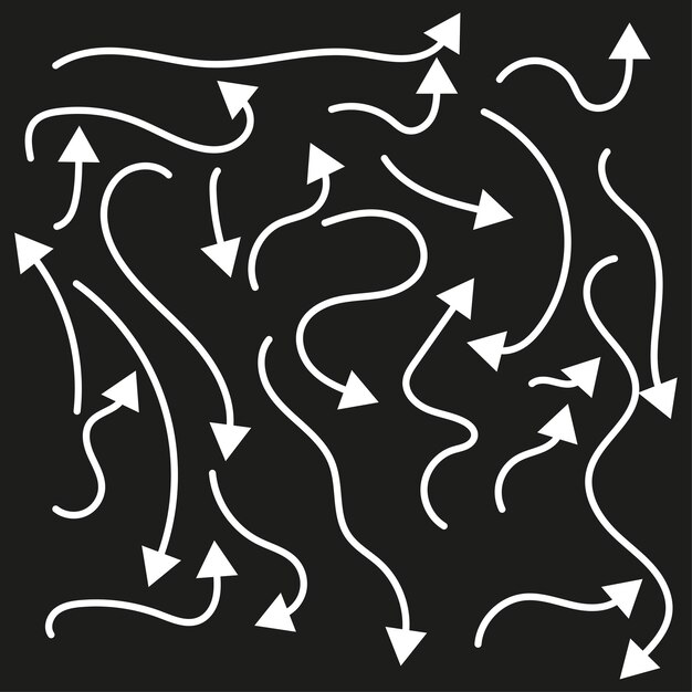 Figura de flujo de flecha Icono de dirección caótica Forma de flecha curva Vector de fondo negro