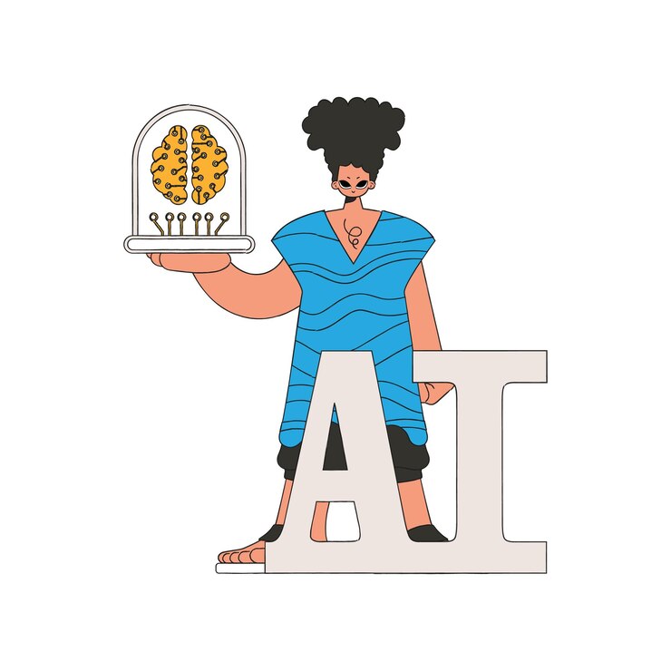 Vector una figura humana agarrando un cerebro robótico de ia, una ilustración vectorial.