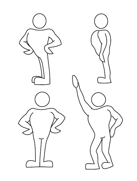 Figura humana personaje de boceto musculoso en diferentes posiciones posa Vector aislado de línea de boceto