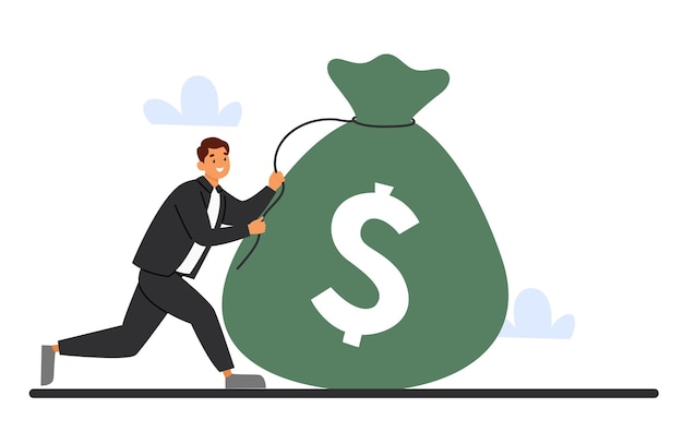 Figura masculina moviendo una bolsa llena de efectivo y monedas visualizando el éxito del negocio y el crecimiento de los ingresos