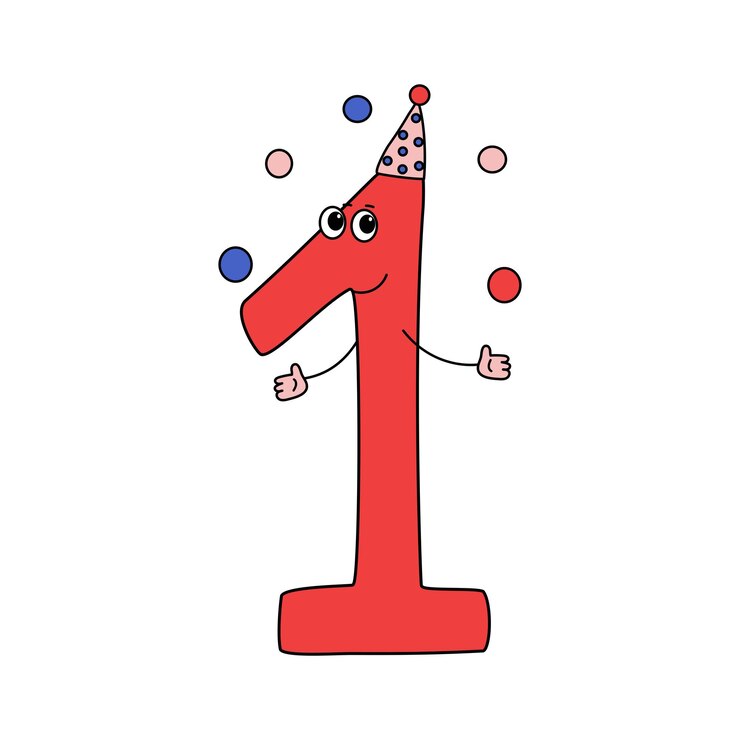 Vector figura con ojos cara alegre número 1 malabares bolas dibujo diseño de felicitación de cumpleaños 1 año