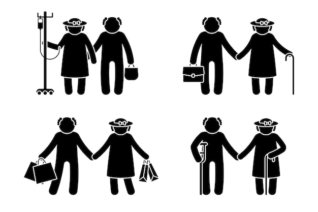 Figura de palo de abuelo y abuela con muleta de contador de caídas bastón bolsa de compras conjunto de ilustración vectorial Pictograma de icono de hombre y mujer viejo