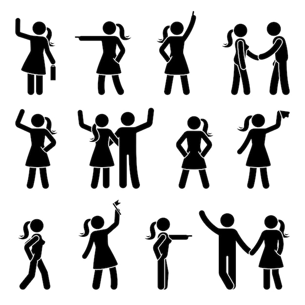 Figura de palo conjunto de posiciones de brazos diferentes Señalar las manos con el dedo en los bolsillos agitando la postura del icono de la persona