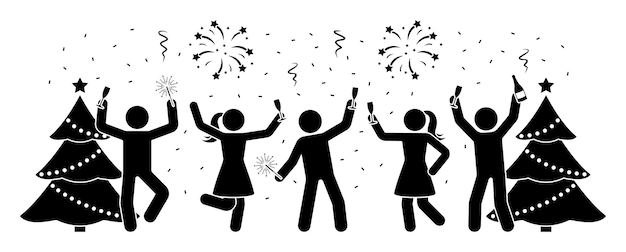 Figura de palo hombres y mujeres en el icono de la fiesta de Año Nuevo Baile humano feliz cerca del pictograma del árbol