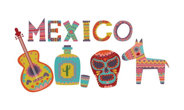 Figura de perro con máscara de guitarra mexicana y botella con pintura tradicional Ilustración vectorial
