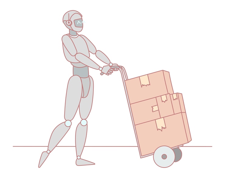 Vector una figura robótica que mueve hábilmente cajas en una muñeca que muestra la automatización en la industria logística