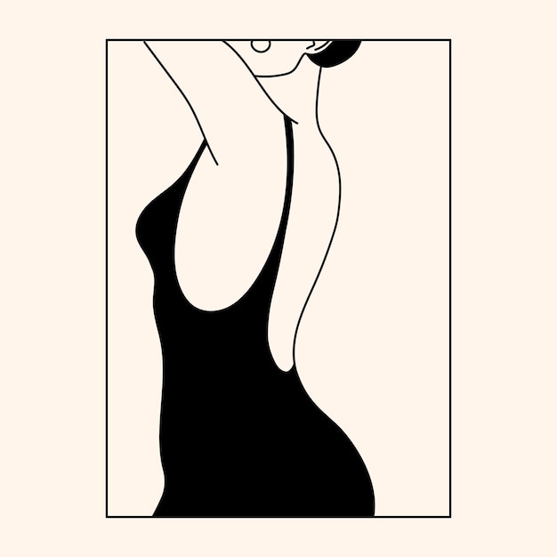 Figura y rostro de mujer de contorno de moda. Cartel / tatuaje / impresión elegante abstracto con forma femenina en un estilo lineal. Vestido moderno, concepto de ropa interior. Retrato de mujer mínima. Arte de línea de impresión de moda.