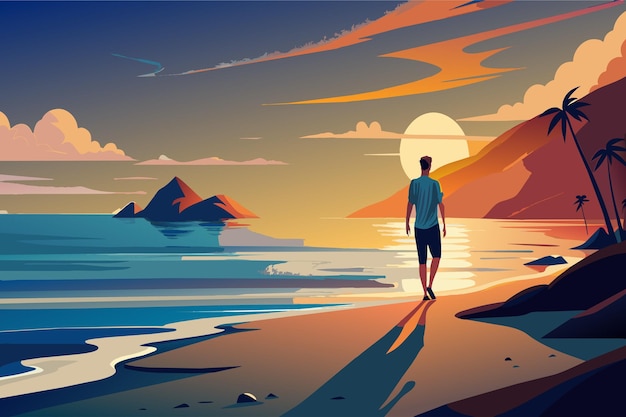 Vector una figura solitaria se pasea por una playa serena mientras se pone el sol.