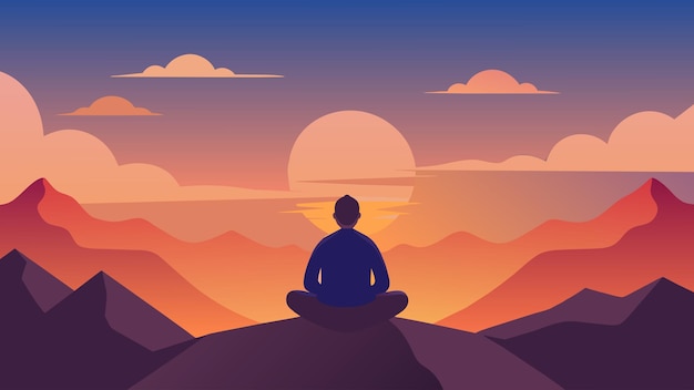 Vector una figura solitaria sentada en la cima de una colina observando el amanecer y meditando mientras reflexionaba sobre los desafíos