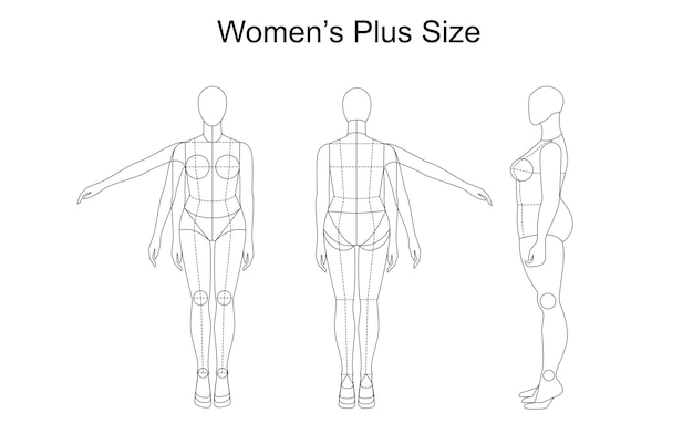 Figura de talla grande para mujer: plantilla de figura de moda para dibujo técnico con líneas de estilo