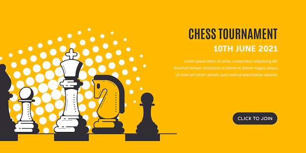 Figuras de ajedrez sobre fondo amarillo con patrón de semitonos. plantilla de banner de torneo de ajedrez