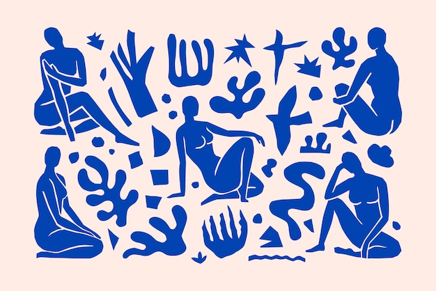 Figuras femeninas inspiradas en Matisse en diferentes poses y formas geométricas en un estilo minimalista de moda. Collage de arte vectorial de cuerpos de mujeres hechos de papel cortado para crear logotipos, patrones, carteles, cubiertas