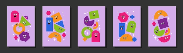 Las figuras geométricas divertidas establecen formas coloridas con emociones personajes emoji carteles de geometría para la educación escolar ideas para matemáticas fondo infantil moderno cartones animados vectoriales pancartas ordenadas
