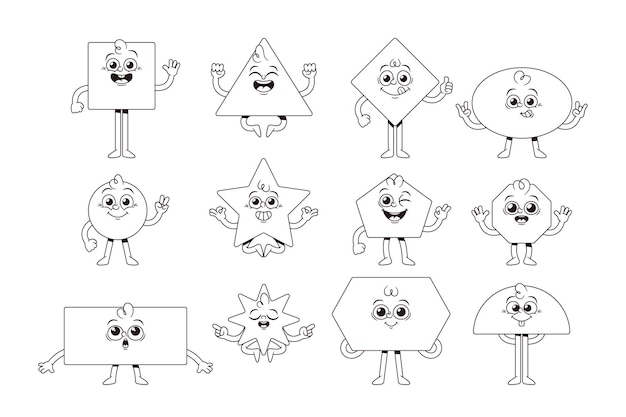 Figuras geométricas, personajes, formas básicas lineales aisladas, círculo cuadrado, triángulo y rectángulo utilizados en materiales educativos para enseñar geometría, reconocimiento de formas, conjunto de vectores en blanco y negro