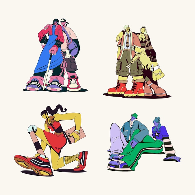 Las figuras de la industria de la moda están representadas en un estilo clásico con combinaciones de colores vibrantes