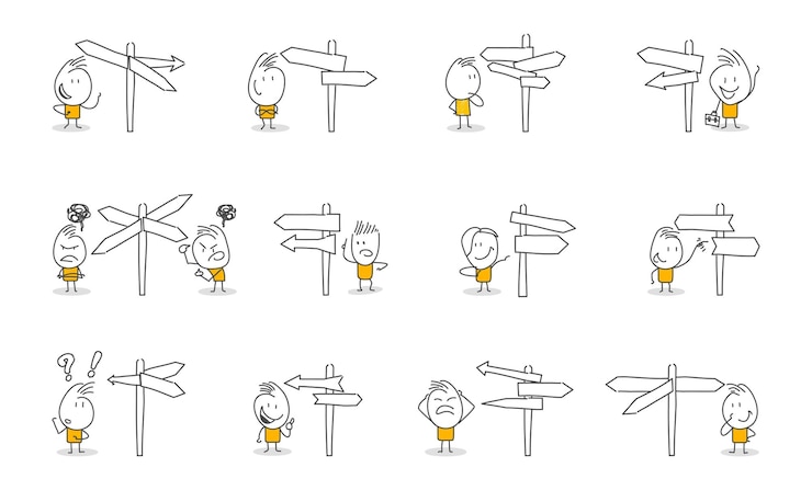 Vector figuras de palo flecha de dirección posto de dibujo a mano del dibujo de líneas de arte personaje de diseño de dibujos animados.