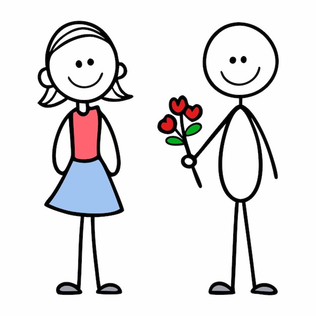 Figuras de palo intercambiando una rosa