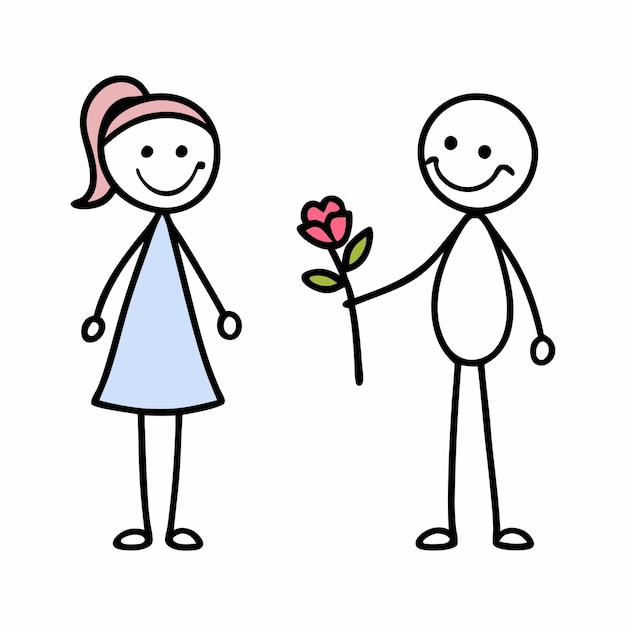 Figuras de palo intercambiando una rosa