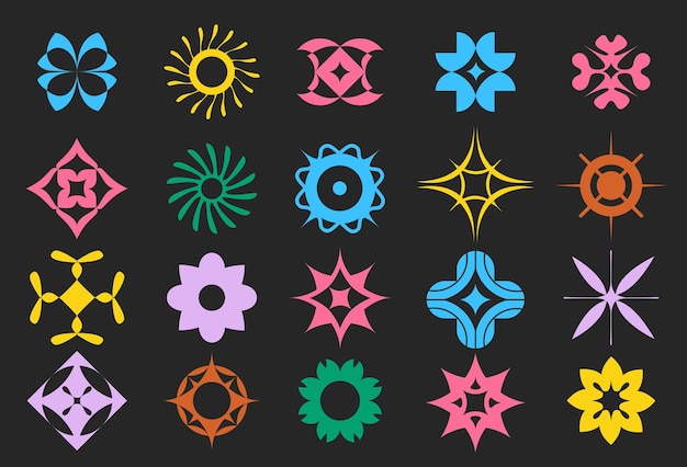Figuras redondas geométricas en forma de flores y pétalos estrellas y sol