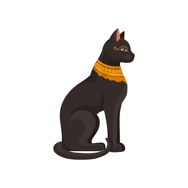 Vector figurilla de gato egipcio negro sentado con collar dorado estatua de la diosa bastet tema del antiguo egipto icono de vector plano