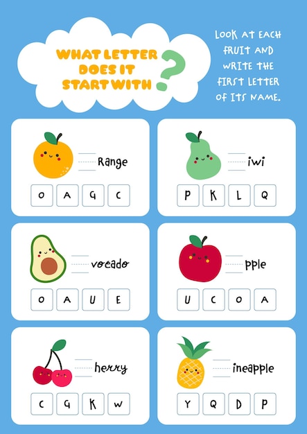 Fijación de hoja de trabajo imprimible para niños para encontrar y completar las primeras letras faltantes de los nombres de las frutas