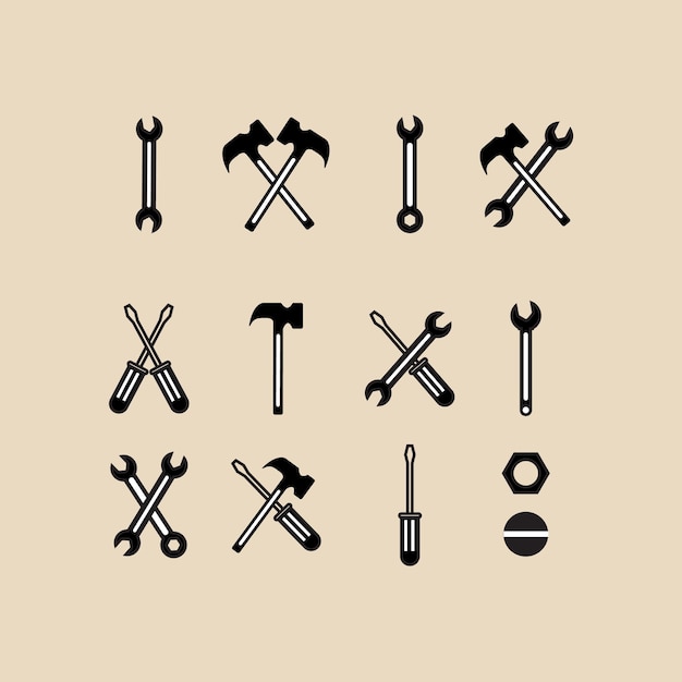 Fije el icono y el símbolo del logotipo lineal de la herramienta mecánica con el diseño del ejemplo del vector del emblema