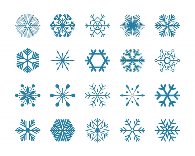 Fije los iconos azules de la ilustración del vector de los copos de nieve aislados