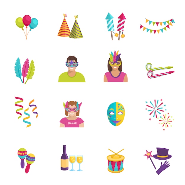 Fije los iconos planos del color del ot que representan la ilustración del vector de los fuegos artificiales de la máscara del globo de los elementos del carnaval