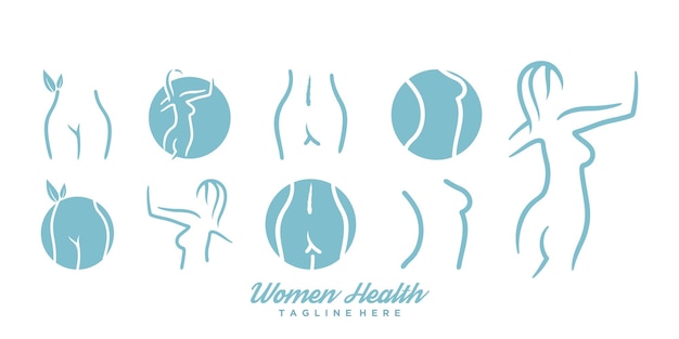 Fije la inspiración del diseño del logotipo de la salud de la mujer y el concepto único del cuerpo delgado de la mujer Vector Premium