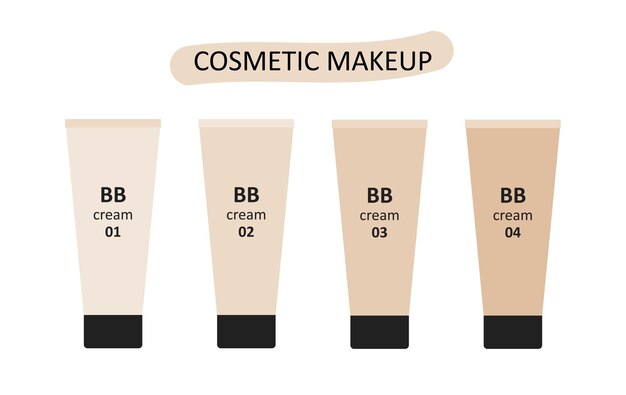 Fije el paquete cosmético de la crema BB de tonos claros a oscuros. Ilustración vectorial plana