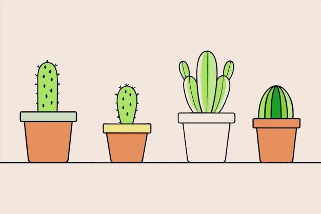 una fila de cactus en maceta en un estante