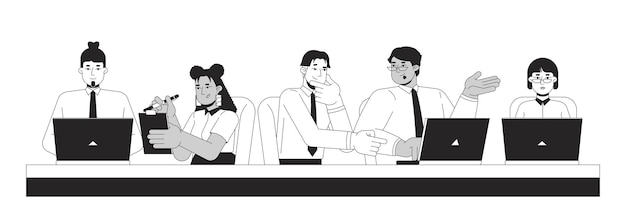 Una fila de empleados diversos haciendo una lluvia de ideas juntos en el escritorio personajes de línea 2D en blanco y negro