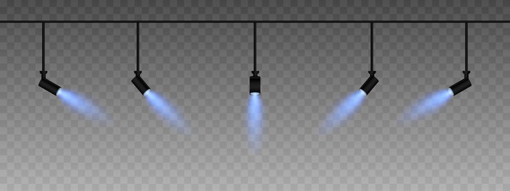 Vector una fila de focos ajustables que emiten un suave resplandor azul luces en ángulo crean un efecto de haz enfocado añadiendo ambiente a un fondo oscuro diseños de interiores modernos exposiciones e iluminación de escenario