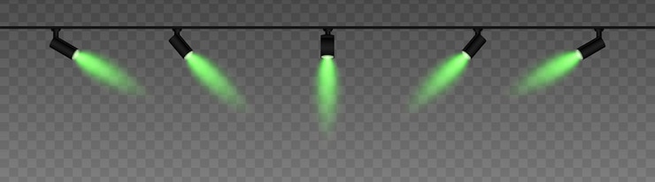 Vector una fila de focos ajustables con rayos angulados de brillo verde cálido la configuración de iluminación moderna adecuada para exposiciones escénicas o decoración interior que agrega ambiente contra un fondo oscuro