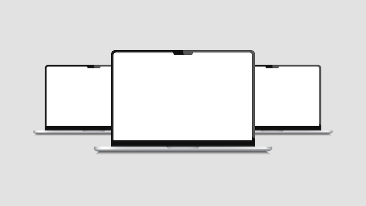 Vector una fila de monitores de computadora con una pantalla blanca que dice la palabra en la parte inferior