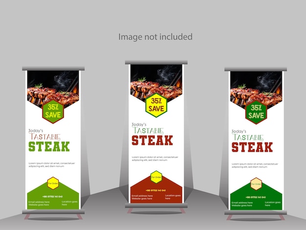 una fila de pancartas enrollables con una imagen de un diseño de pancarta de marketing de filete y restaurante
