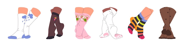 Vector una fila de piernas de mujeres en medias en diferentes posturas en la punta de los dedos del pie, un soporte para caminar, un conjunto de pies en varios calcetines con patrones, calcetines de nylon, ilustraciones vectoriales aisladas planas sobre fondo blanco.