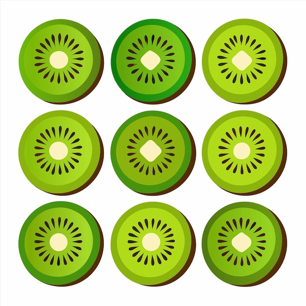 una fila de rebanadas de kiwi con un centro verde y la del medio con un fondo blanco