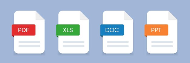File type icons set Document file icon Format of documents Set of pdf doc xls ppt icons for UI