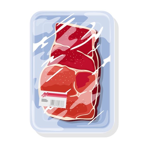 Vector el filete de carne cruda congelada está en una bandeja de plástico debajo de una envoltura transparente de saran para alimentos. producto cárnico para barbacoa, freír, asar, asar, hervir, hornear. ilustración de dibujos animados en blanco.