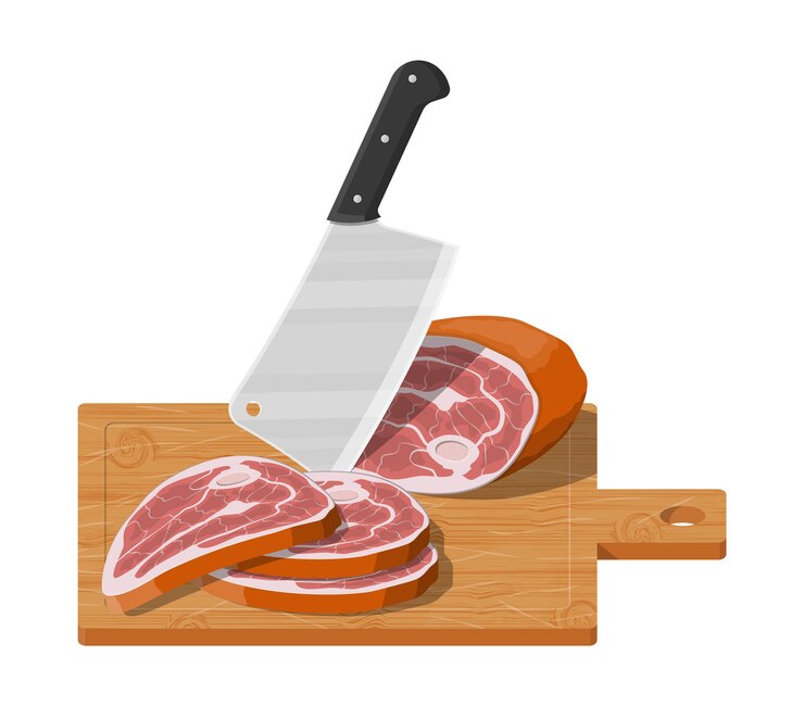 Vector filete de carne picada sobre plancha de madera con cuchillo de cocina